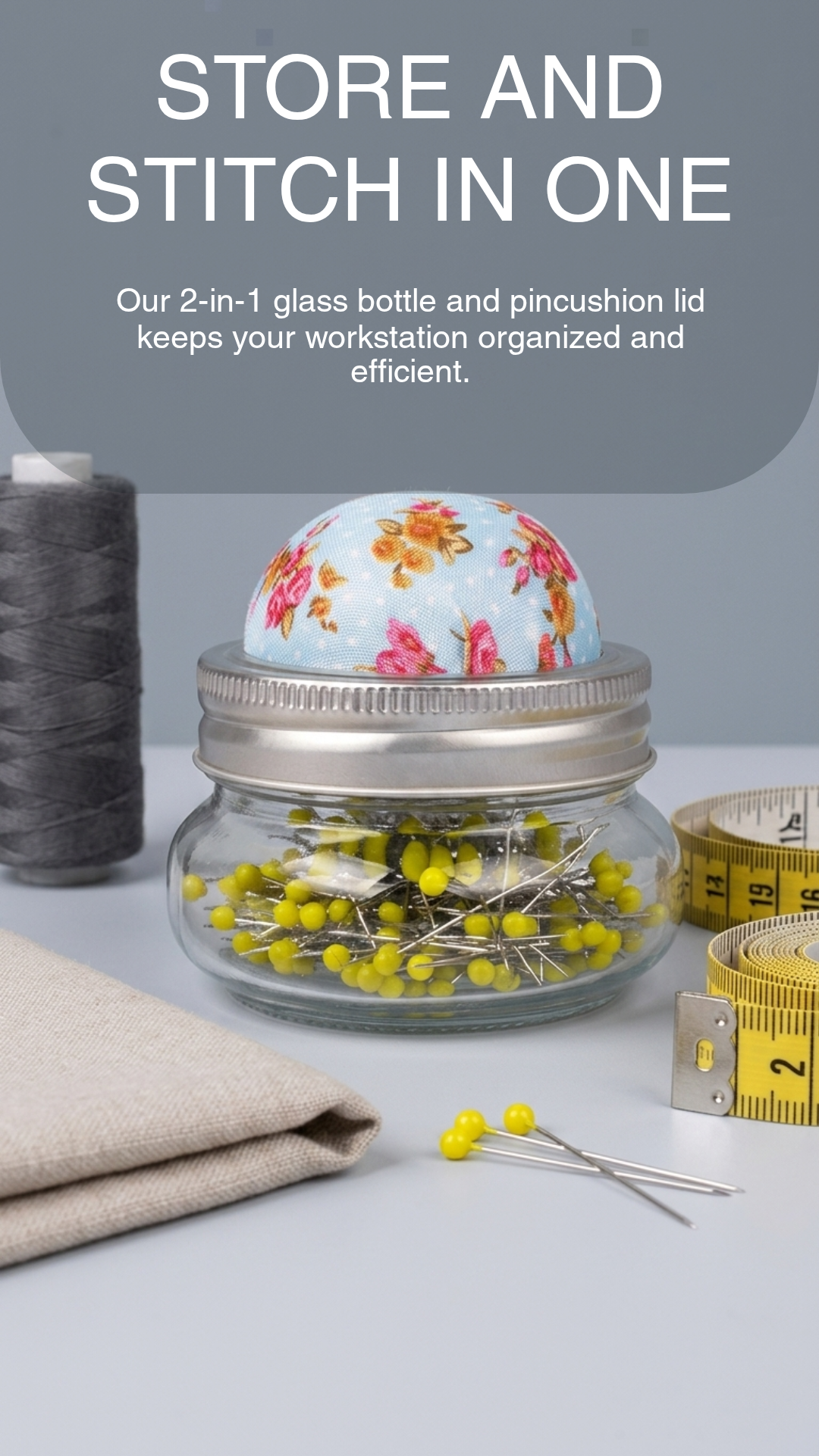 Floral Glass Pin Cushion Jar Set with Sewing Pins-