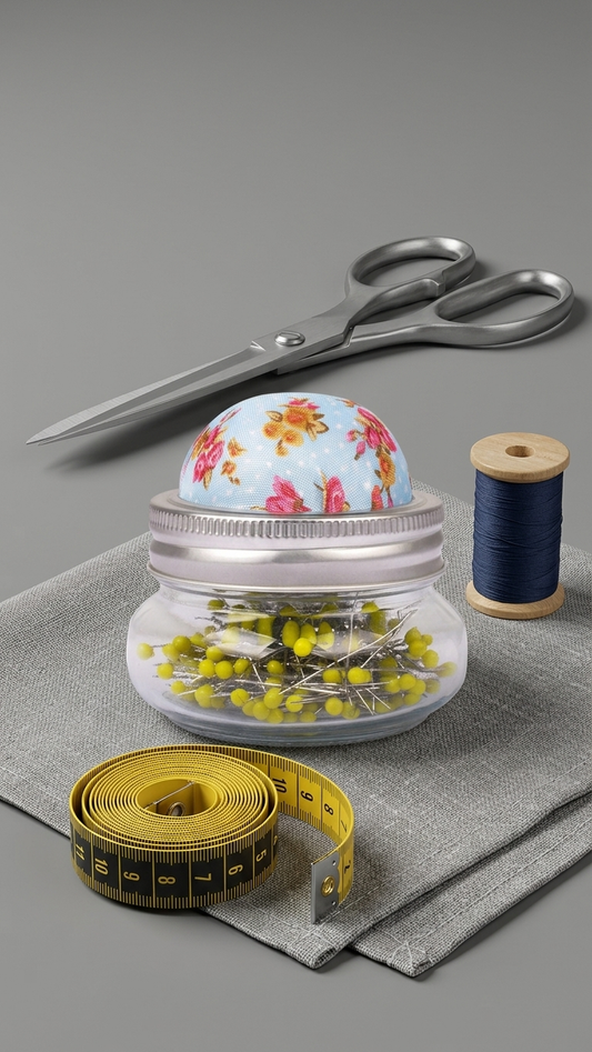 Floral Glass Pin Cushion Jar Set with Sewing Pins-
