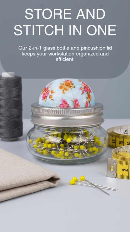 Floral Glass Pin Cushion Jar Set with Sewing Pins-