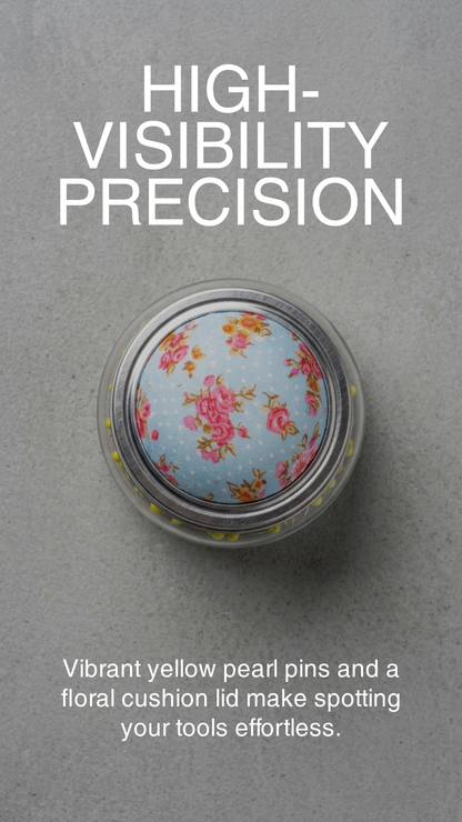 Floral Glass Pin Cushion Jar Set with Sewing Pins-