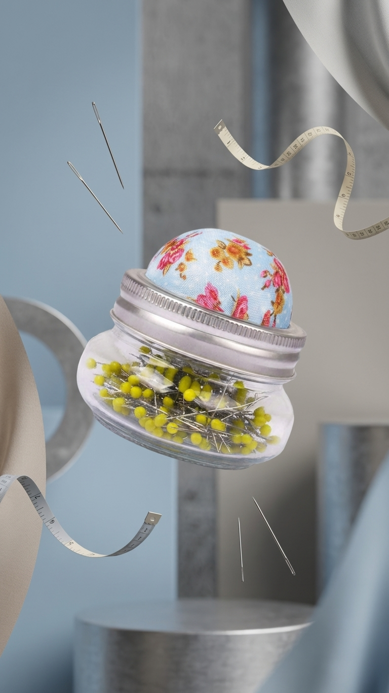 Floral Glass Pin Cushion Jar Set with Sewing Pins-
