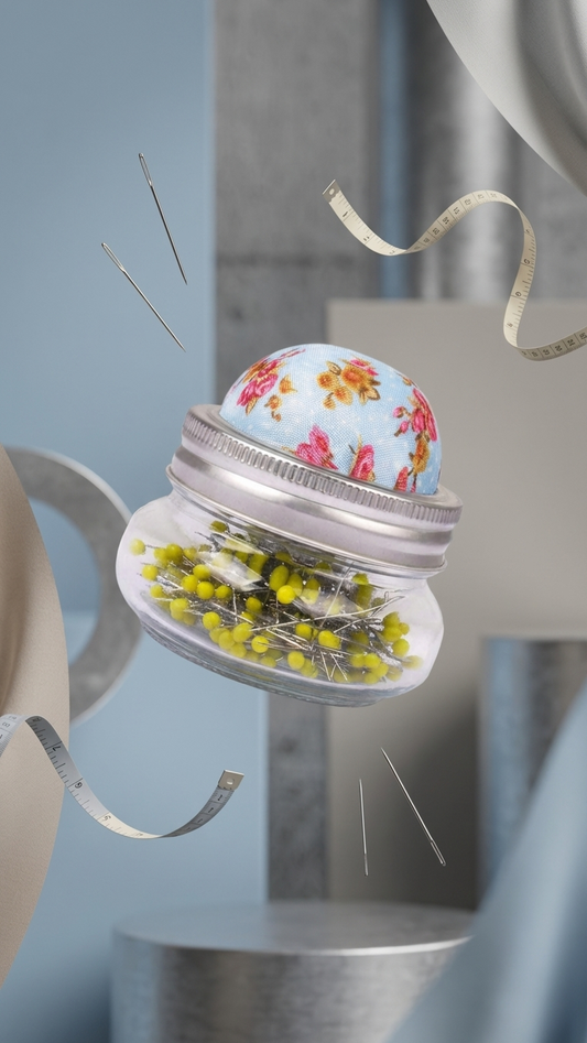 Floral Glass Pin Cushion Jar Set with Sewing Pins-
