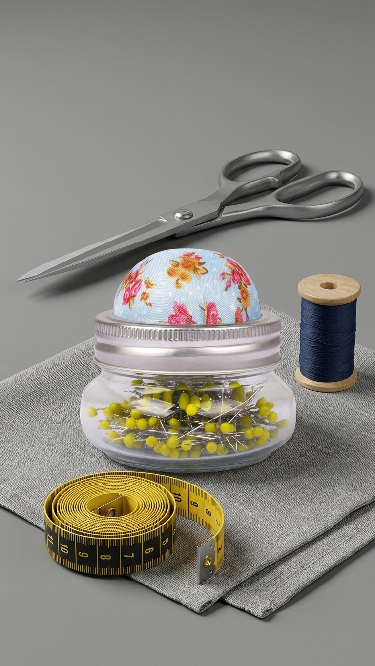 Floral Glass Pin Cushion Jar Set with Sewing Pins-